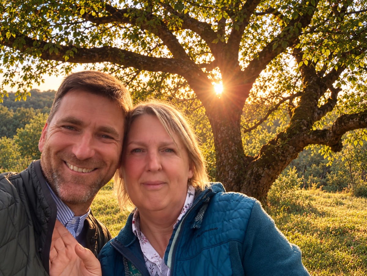 Lydie et Samuel Fourdrinier sous un grand arbre au soleil couchant